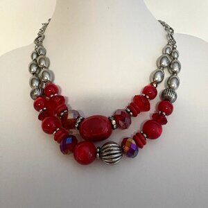 Red Silver Tone Beaded Double Strand Statement Necklace Fashion Jewelry